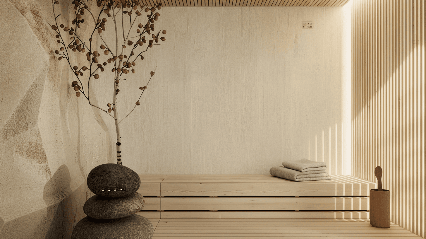 Luxurious sauna spa setting with stacked stones, towels, and birch decor