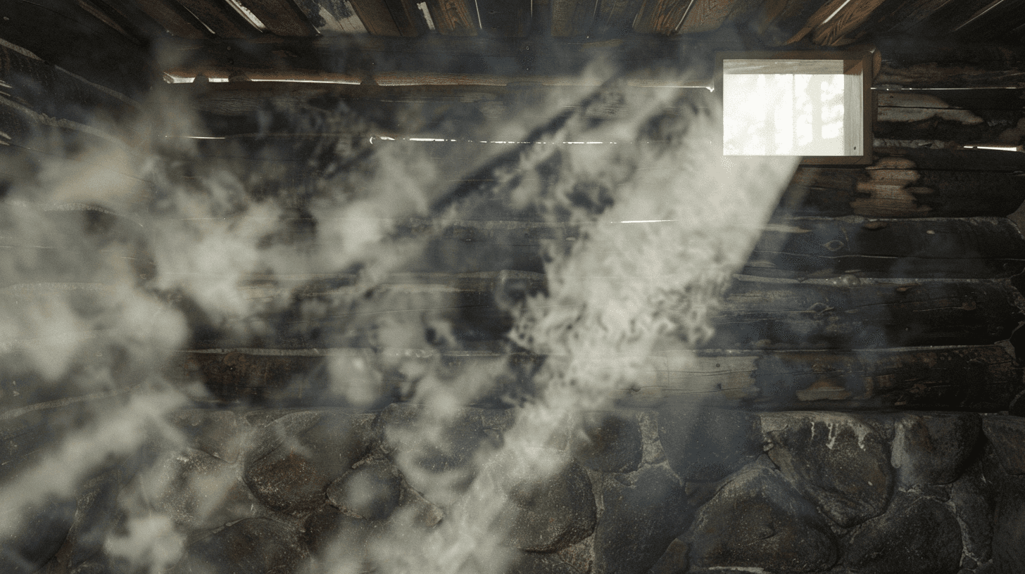 Interior of a traditional Finnish smoke sauna with light beams through steam